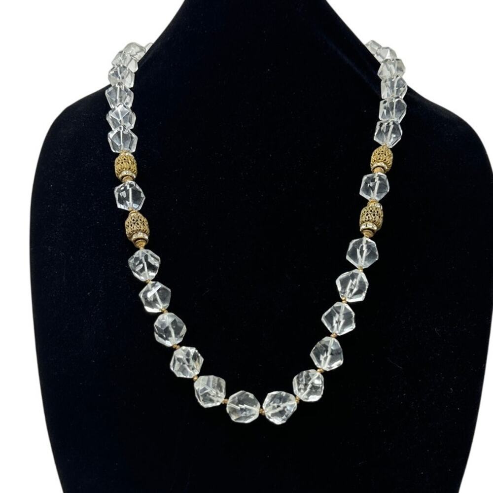 VTG Miriam Haskell Lucite Bead & Rhinestone Crystal Necklace Gold Tone Details